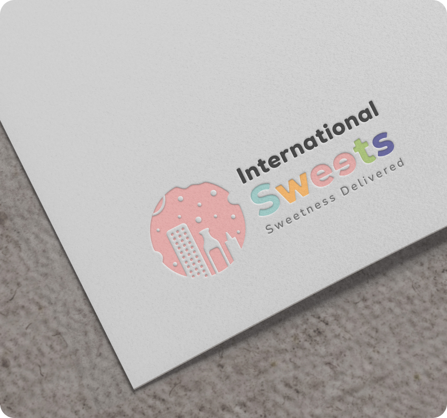 International Sweets logo on a business card.