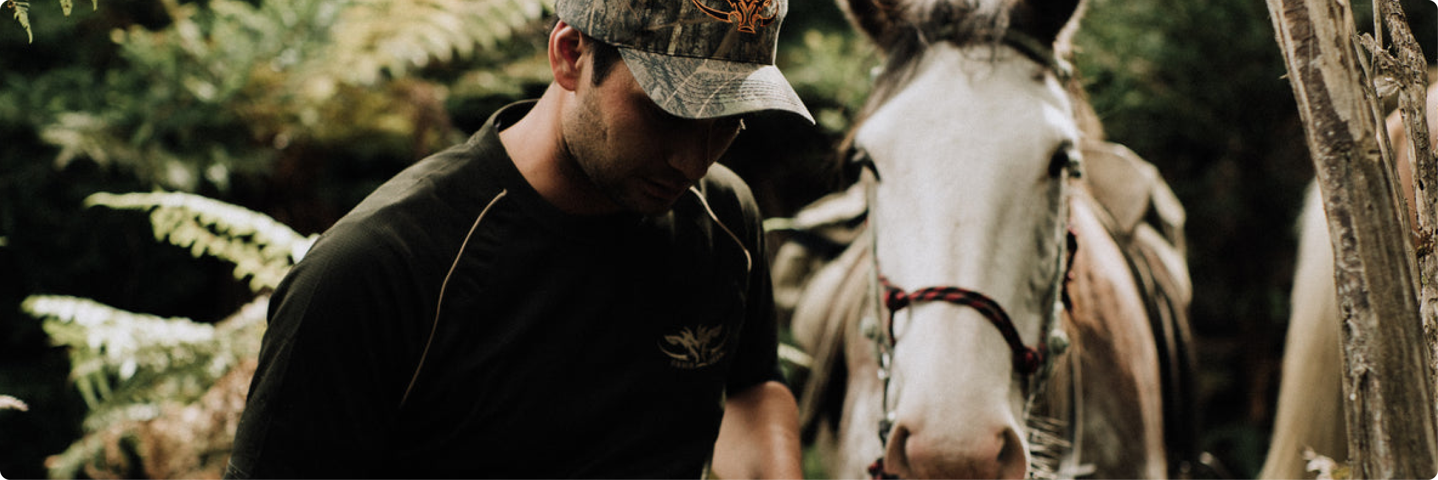 A man wearing Game Gear attire leads a horse through an NZ forest.