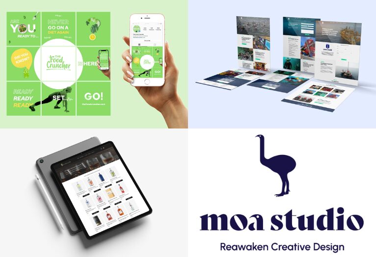 Collage of images showcasing the branding work done by Moa Studio.