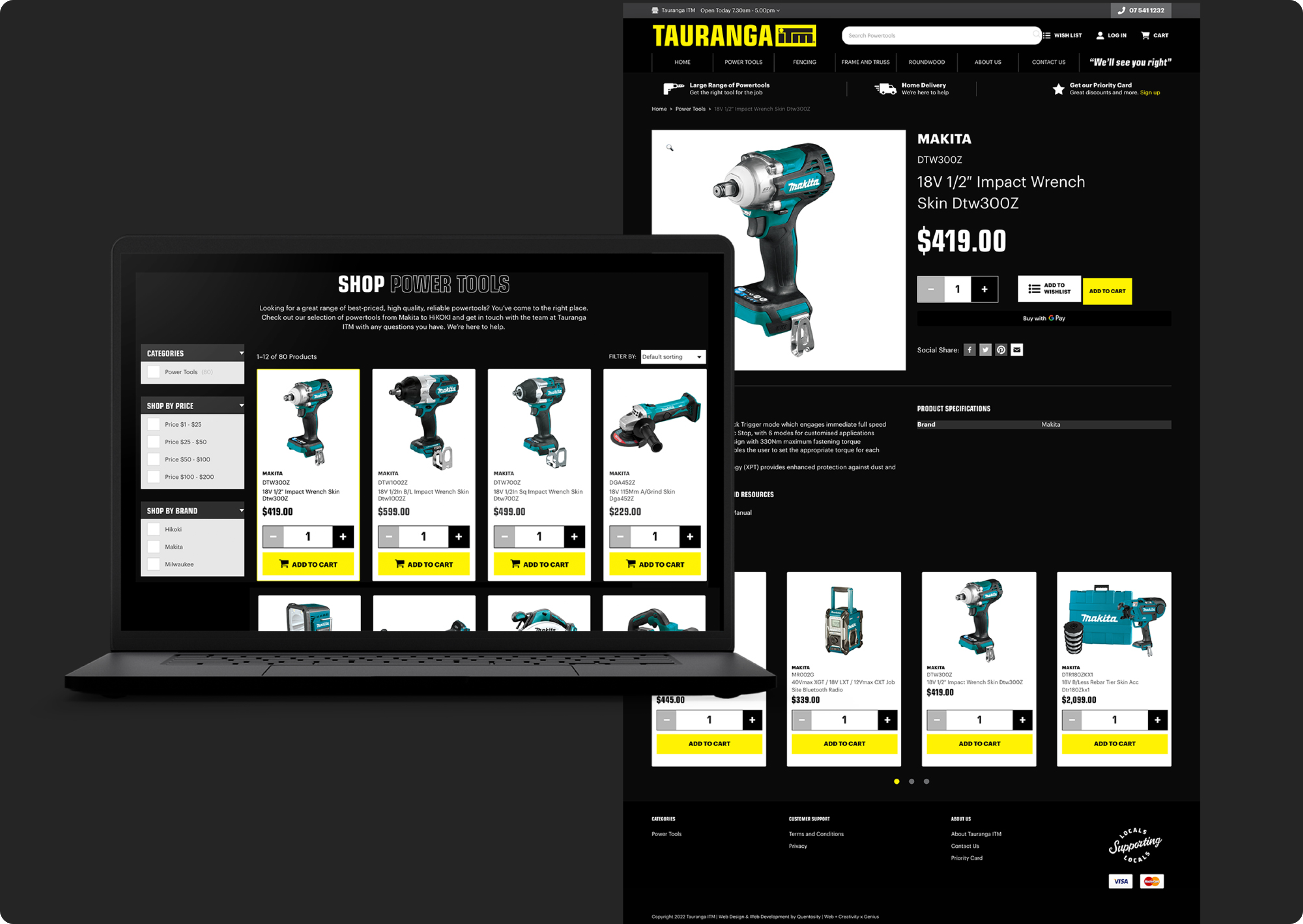 The power tools page showcases the "Add to Cart" and "Add to Wishlist" functionality.