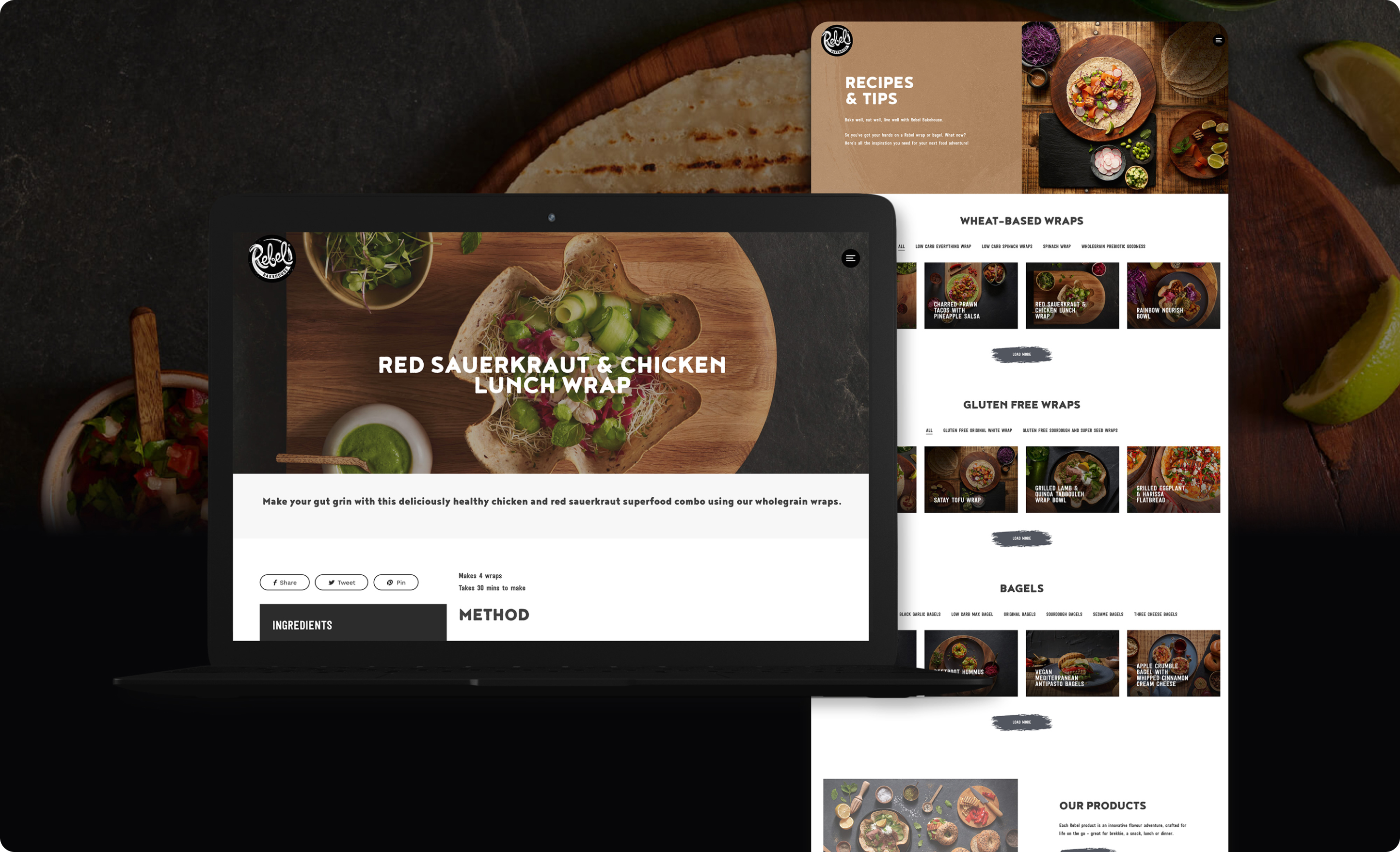 Webpages highlighting recipes used with Rebel Bakehouse products.