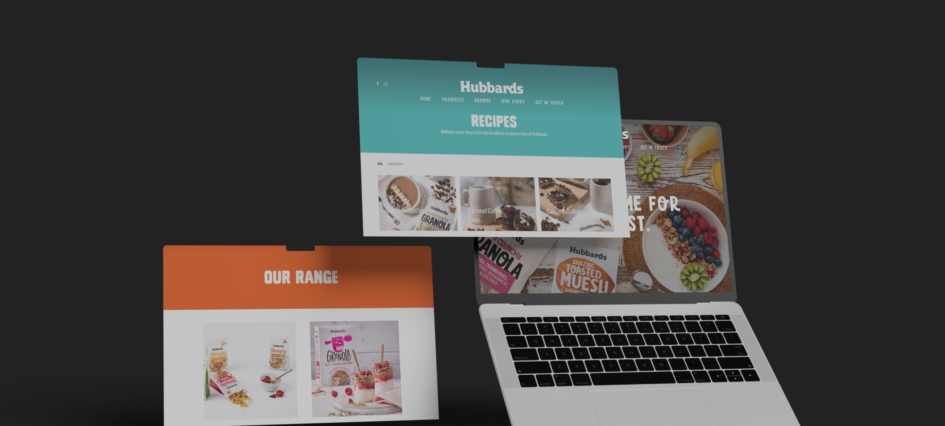 Multiple webpages display bright blocks of colour used in Hubbards' branding.