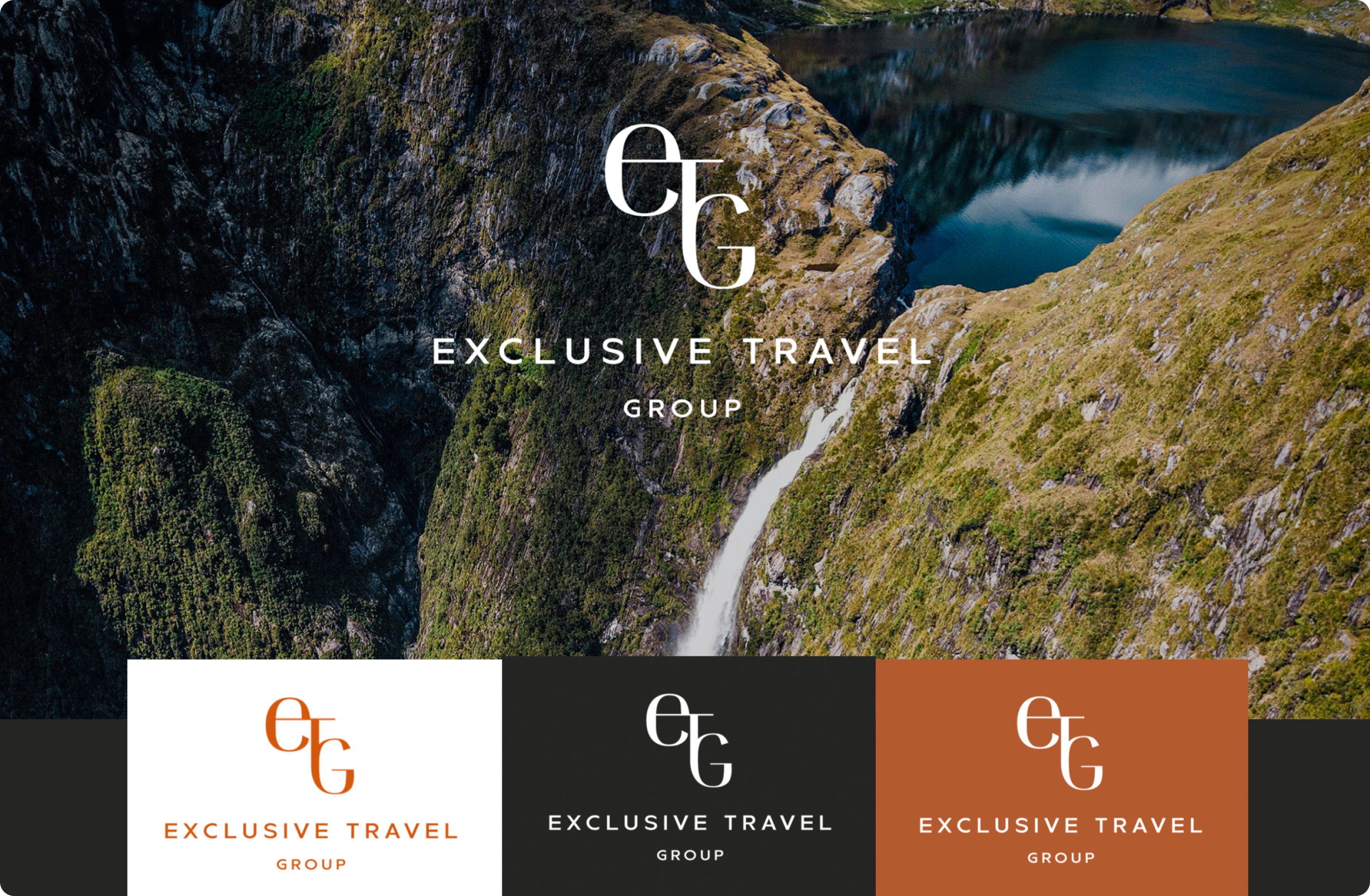 The Exclusive Travel Group logo is displayed on multiple backgrounds showcasing the brand colours used on the website.