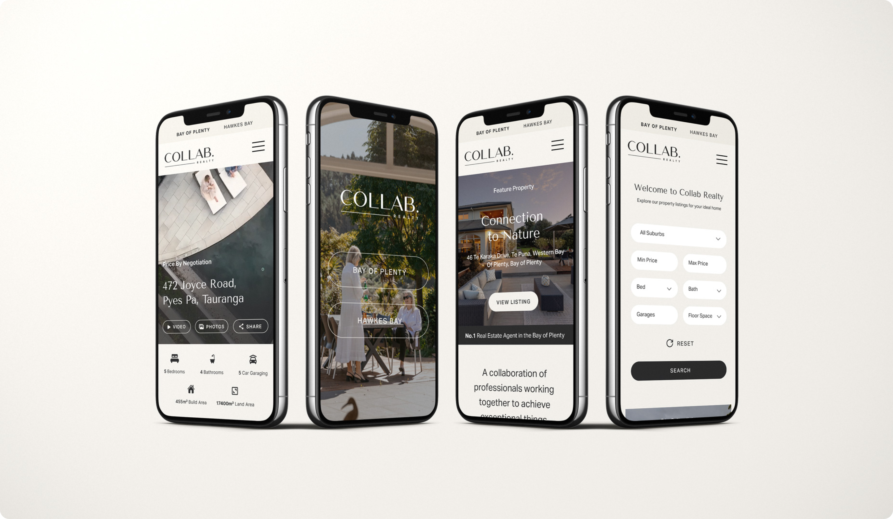 The Collab Realty website is displayed across four mobile screens.