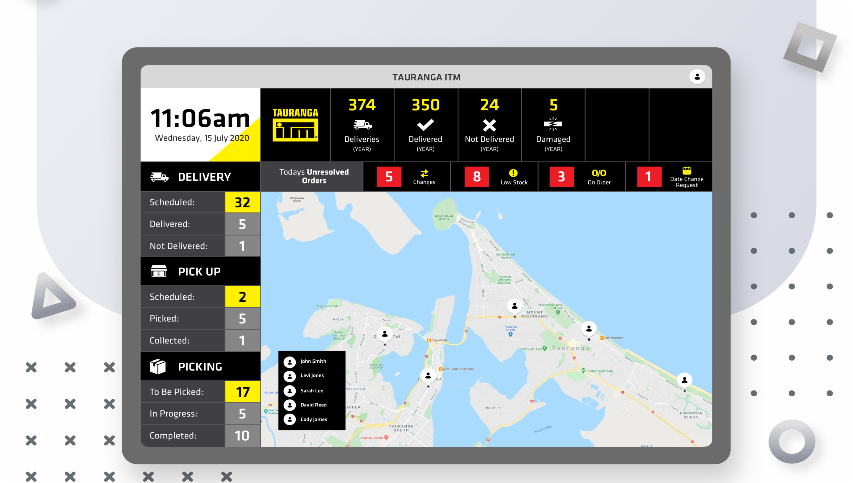 An interactive map allows dispatchers to track delivery drivers.