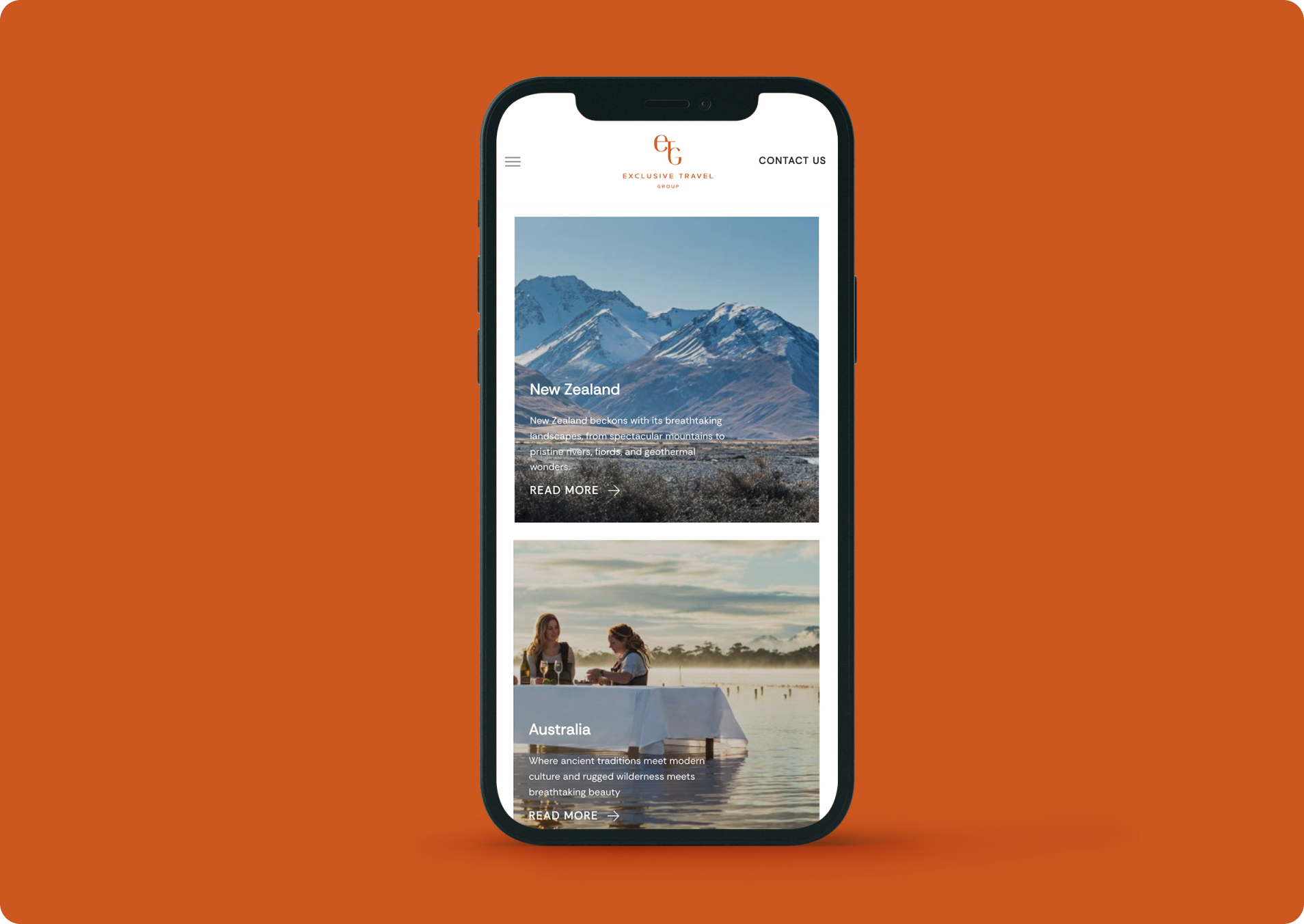 A mobile device displays images of exclusive travel destinations offered from the company.