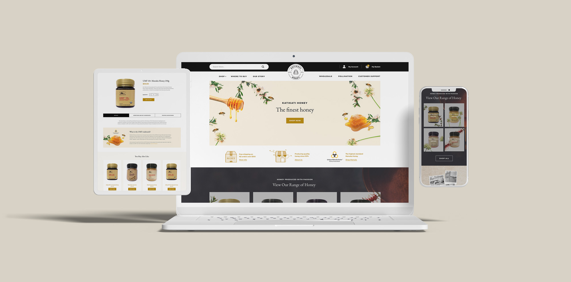 A mobile, tablet, and desktop view of the Katikati Honey website designed by Moa Studio.