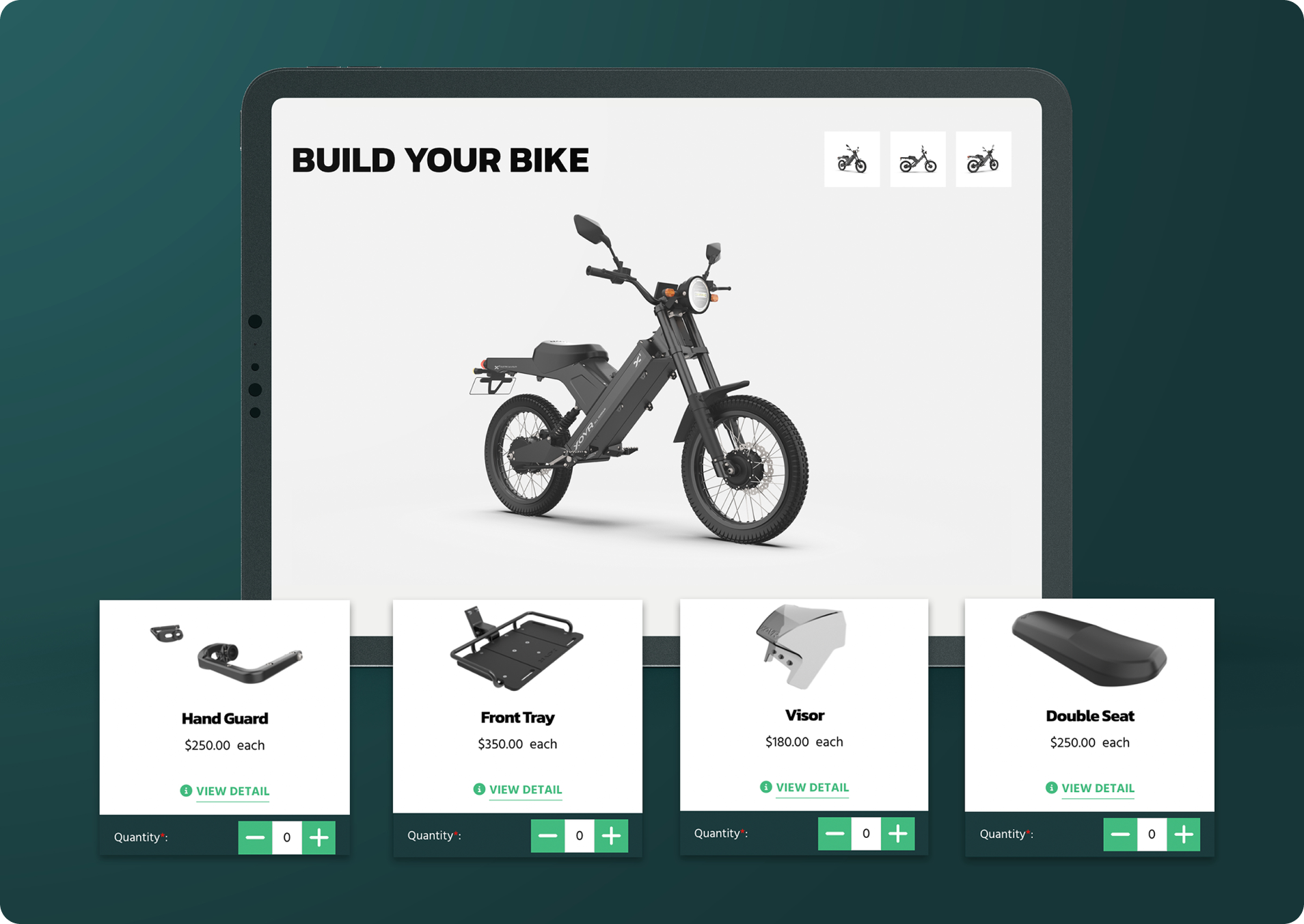 The build your bike page showcases the interactivity of the website design and ease of adding items to a shopping cart.