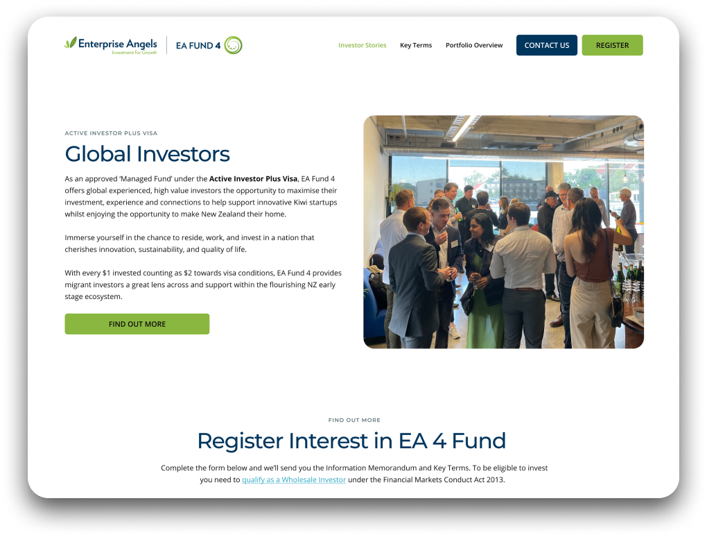 The landing page is an engaging resource for potential investors. 