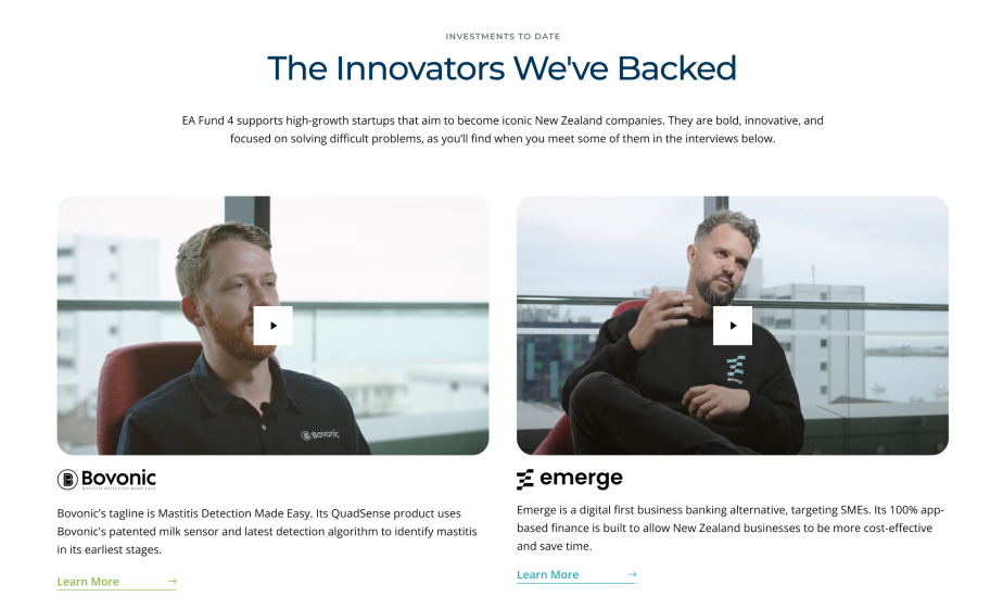 Testimonial videos showcase how investors directly impact startup companies.